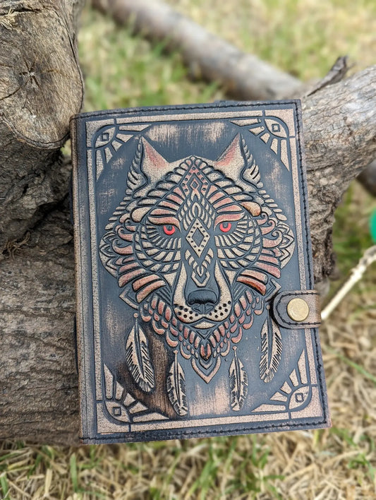 Wolf Embossed Leather Journal with 200 Handmade Pages