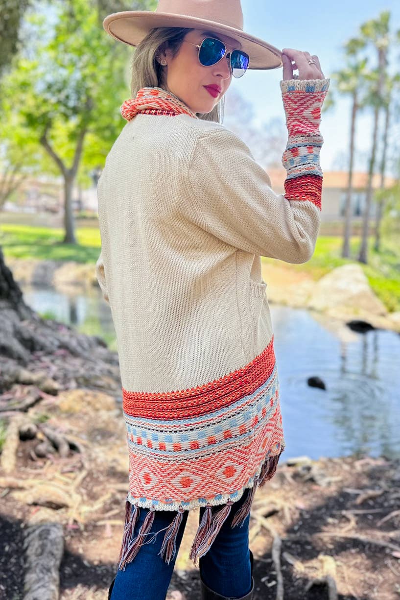 Beige Aztec Printed Open Front Knit Cardigan With Pockets Lightweight Acrylic Boho Style