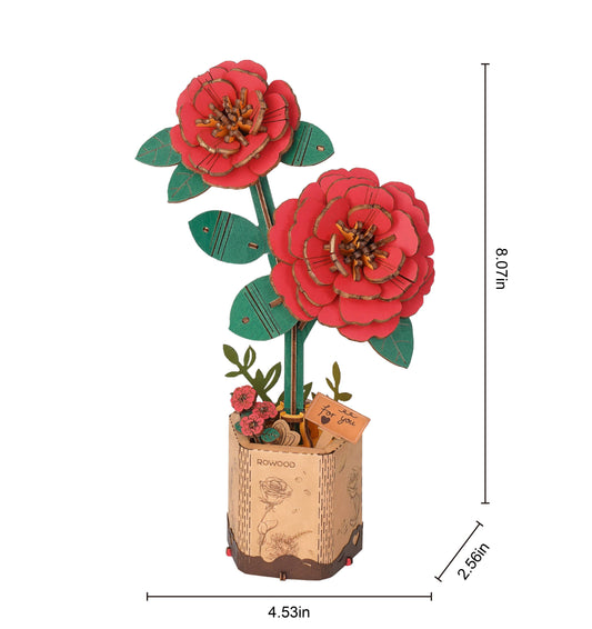 Red Camellia Ro wood DIY Wooden Flower 3D Puzzle
