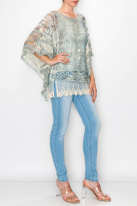 Ornate Crochet Poncho Top With Geometric Embroidered Details