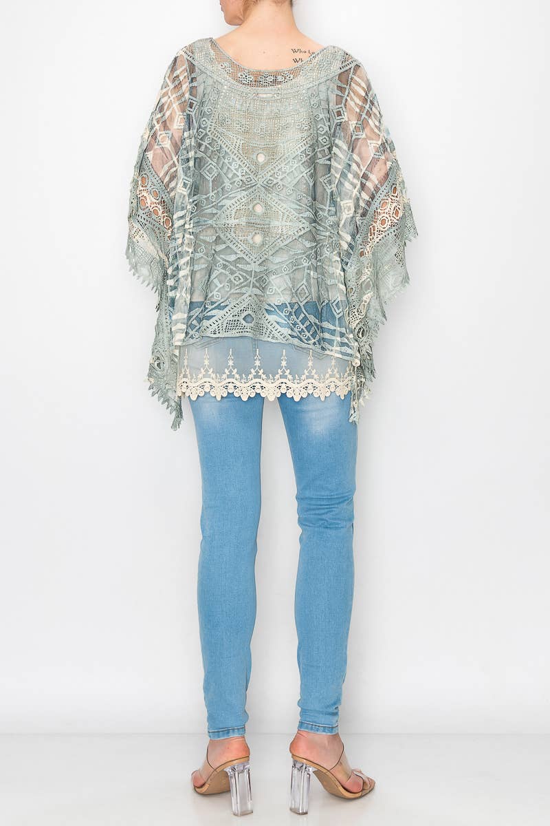 Ornate Crochet Poncho Top With Geometric Embroidered Details