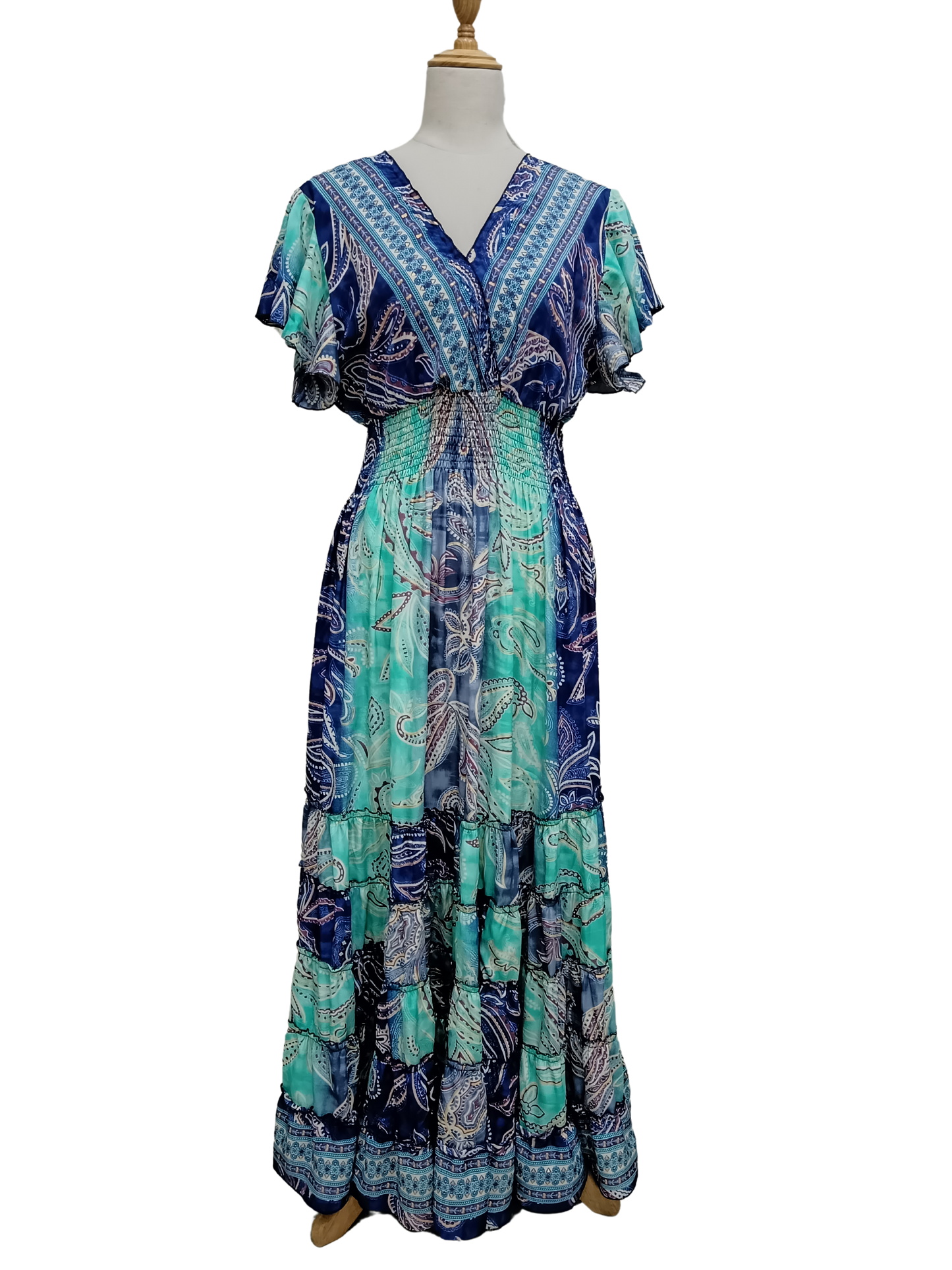 Bohemian Vintage Flutter-Sleeve  Blue Multi Dress - RSD21