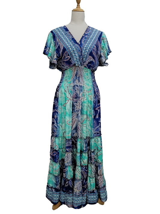 Bohemian Vintage Flutter-Sleeve  Blue Multi Dress - RSD21