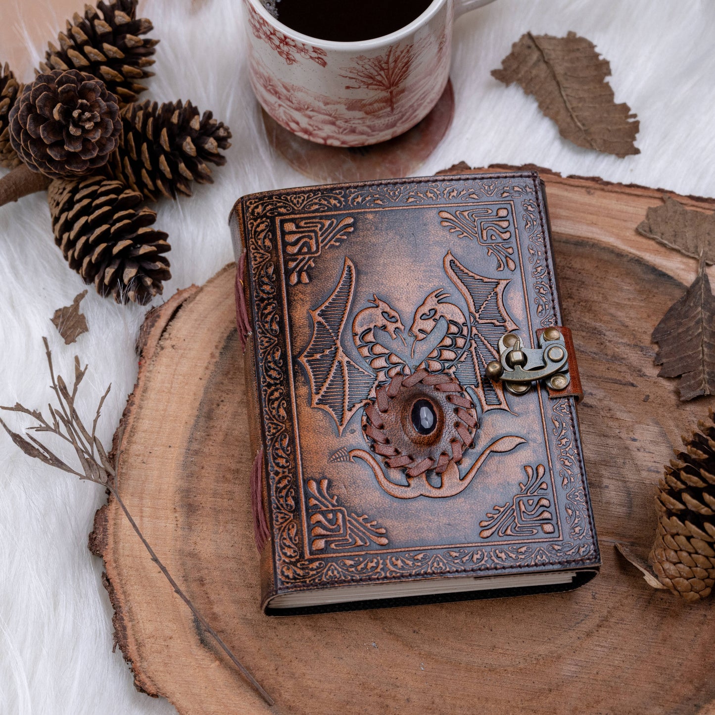 Leather Notebook With Stone Dragon Embossed Travel Journal