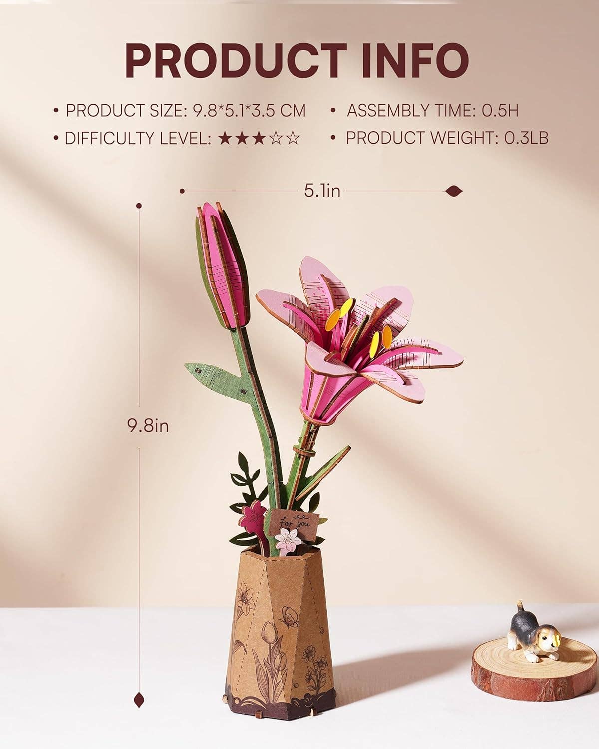 Pink Lily Rosewood DIY Wooden Flower Bouquet 3D
