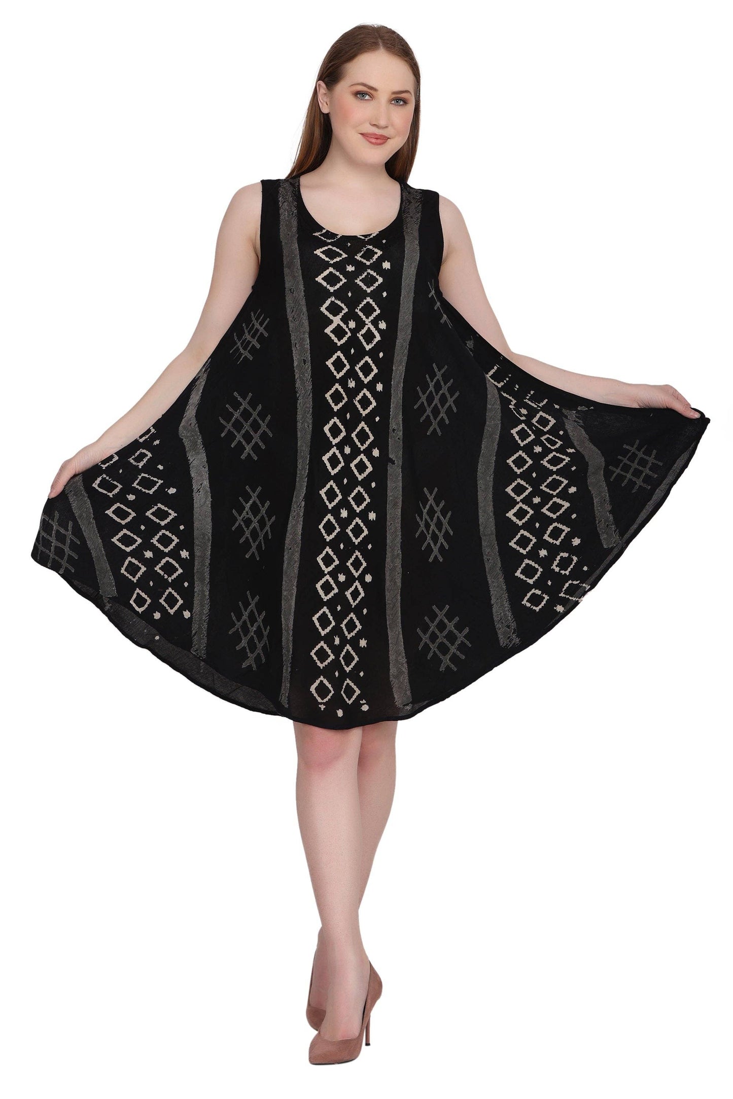 Umbrella Dress in Black with Natural Block Print