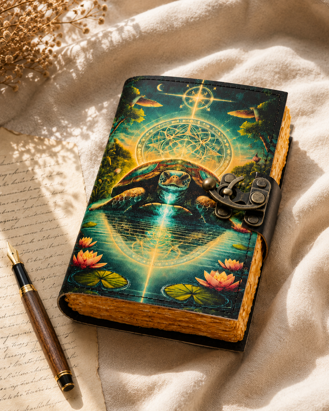 Mystic Turtle Leather Journal Handmade With Brass Lock And Deckle Edge Pages