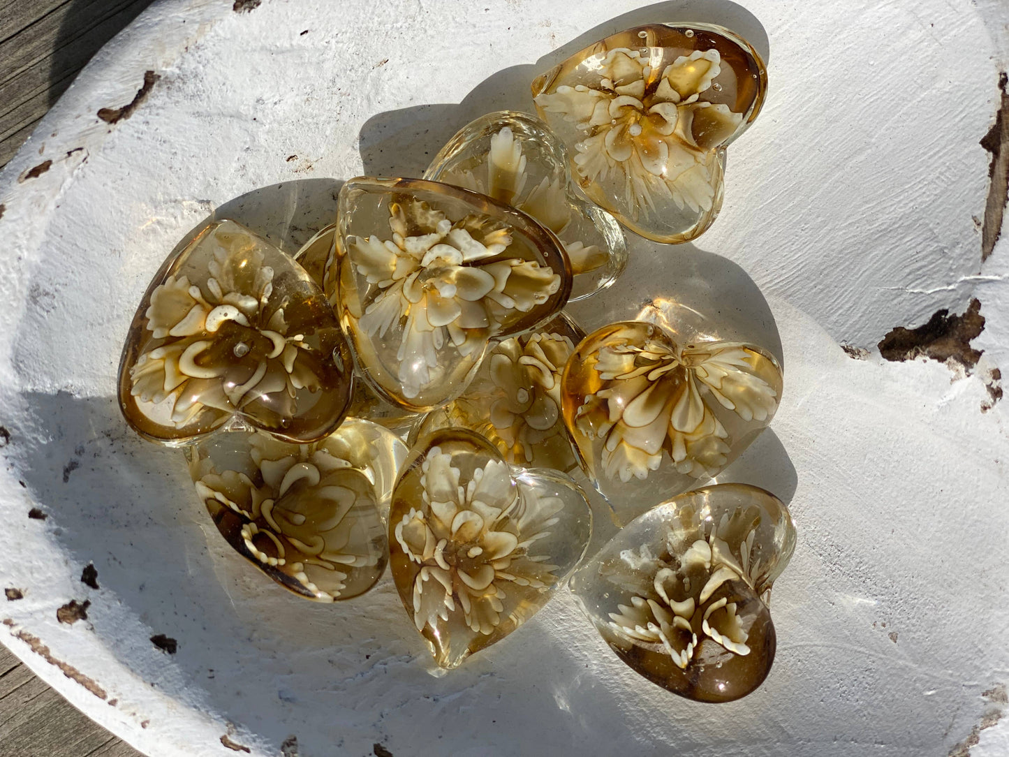 Floral Glass Pocket Hearts w/Heart Bowl Display- Large (100)