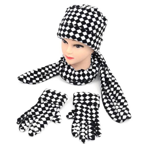 Women's Fleece Black & White Checkered Winter Set