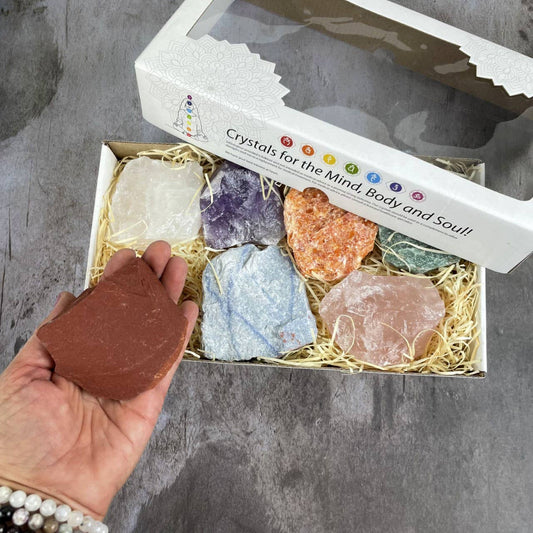 Chakra Rough Stone Crystal Set of 7 - Boxed Collection features vibrant healing stones for energy balance and well-being.