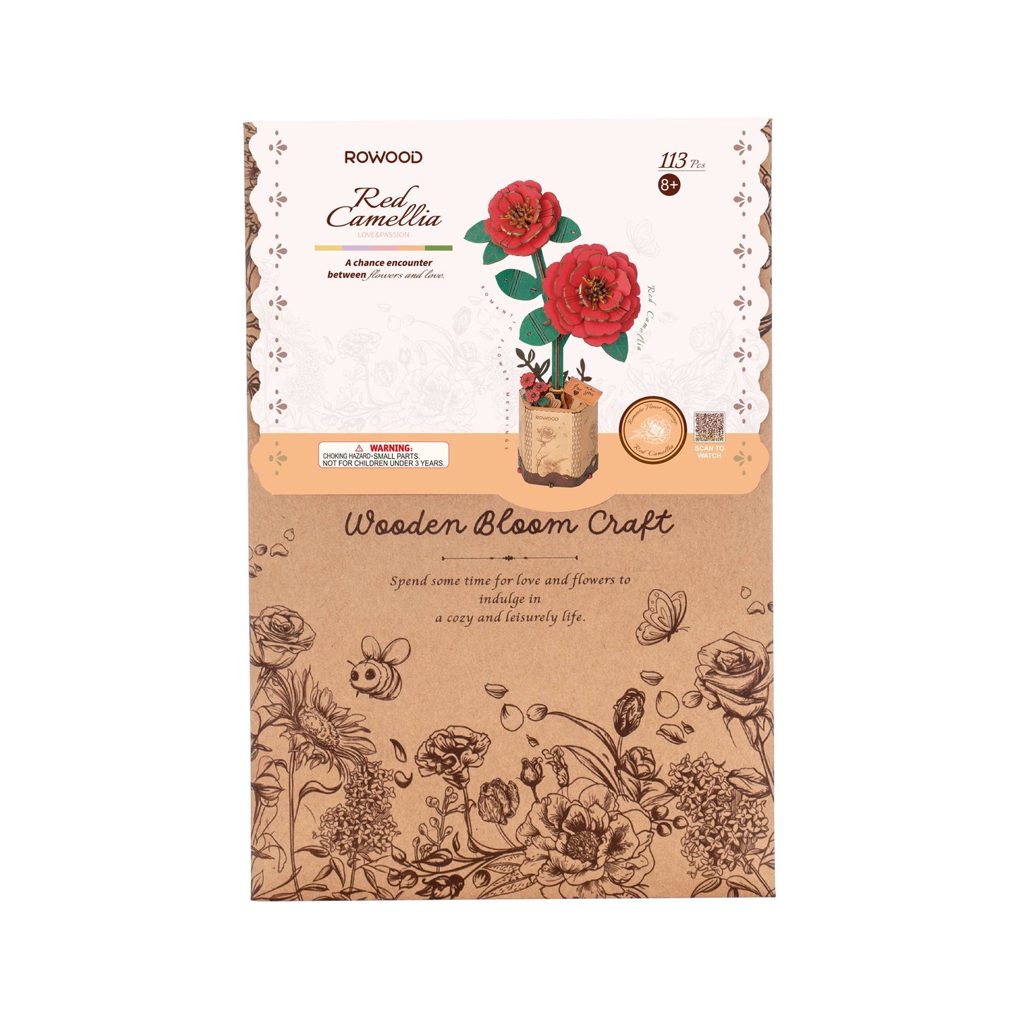 Red Camellia Ro wood DIY Wooden Flower 3D Puzzle