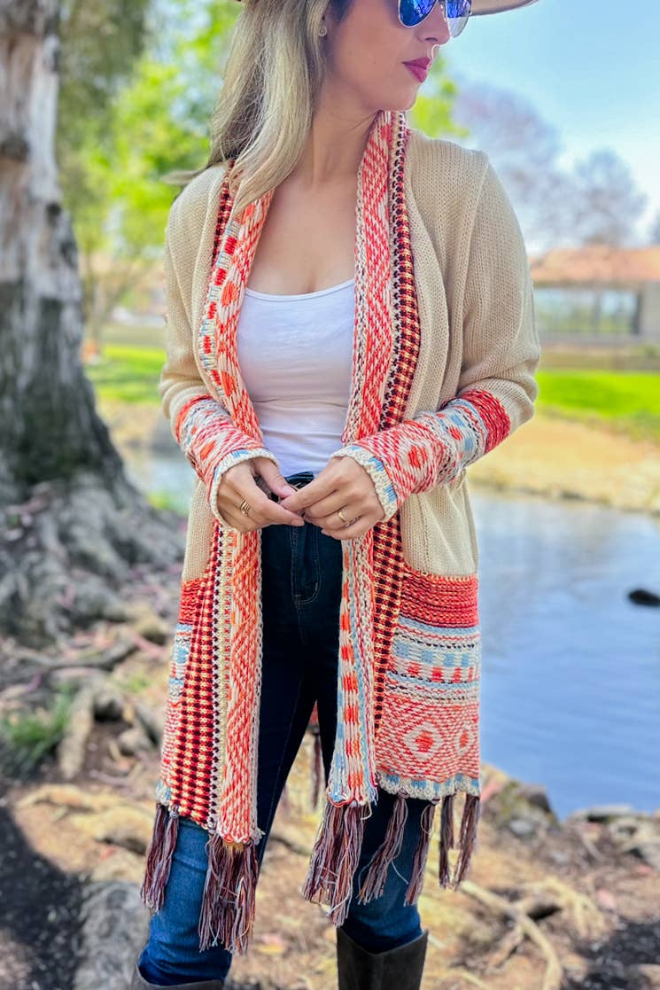 Beige Aztec Printed Open Front Knit Cardigan With Pockets Lightweight Acrylic Boho Style