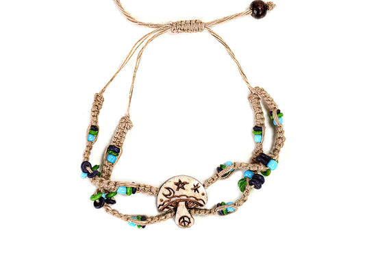 HEMP DOUBLE STRAND BEAD BONE MAGIC MUSHROOM BRACELET
