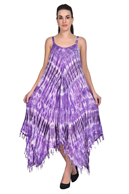 V Neck Fairytale Tie Dye Dress with Embroidered Neck and Fringes