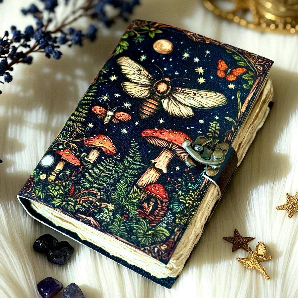 Handmade Leather Journal Blank Vintage Notebook With Mushroom Print Gift Idea