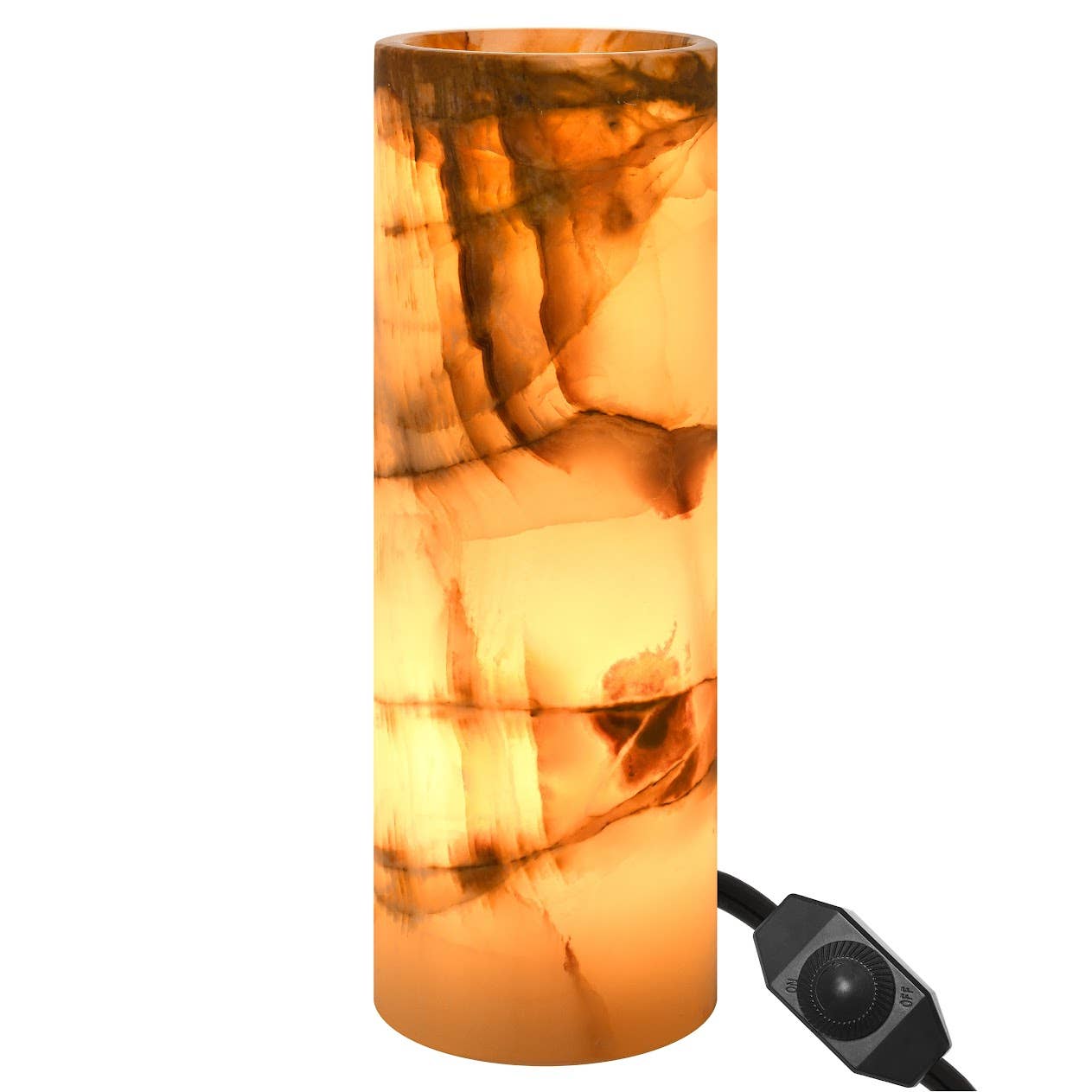 Elegant Handcrafted Onyx Table Lamp - Cylinder features premium onyx marble, radiating a warm, relaxing amber glow.