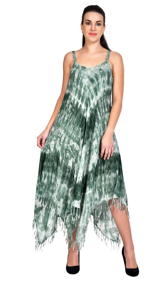 V Neck Fairytale Tie Dye Dress with Embroidered Neck and Fringes