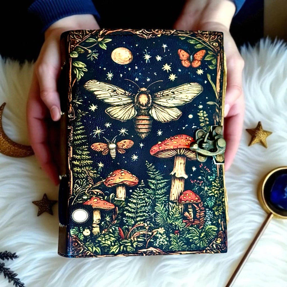 Handmade Leather Journal Blank Vintage Notebook With Mushroom Print Gift Idea
