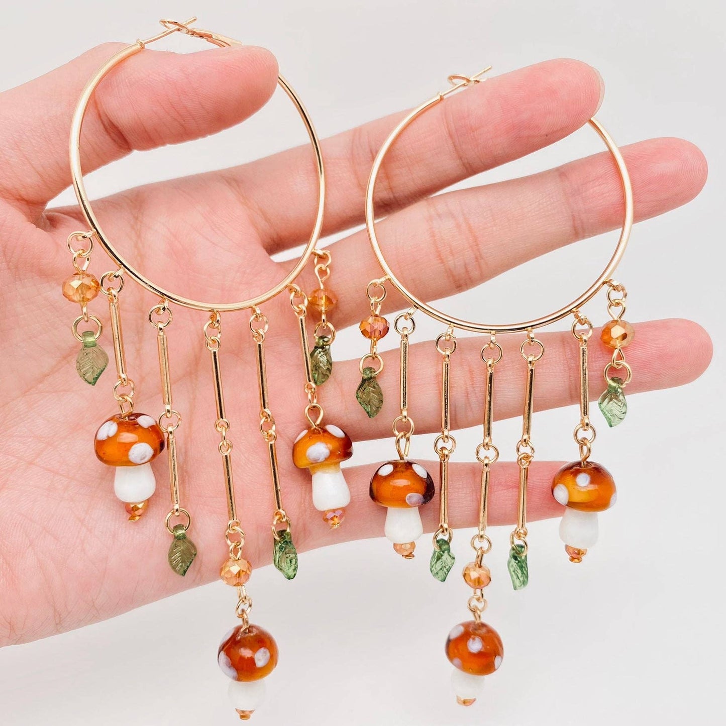 Mushroom Charm Tassel Large Ring Hoop Earrings Gold Tone Metal Acrylic Nickel Free Lead Free Gift for Her Mio Queena