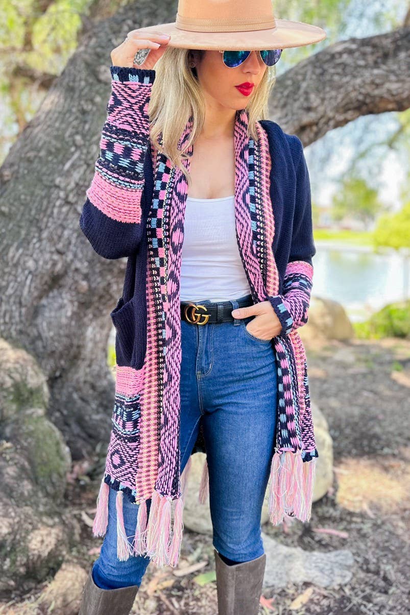 Navy Aztec Printed Knit Cardigan With Open Front Pockets Lightweight Acrylic Layering Piece