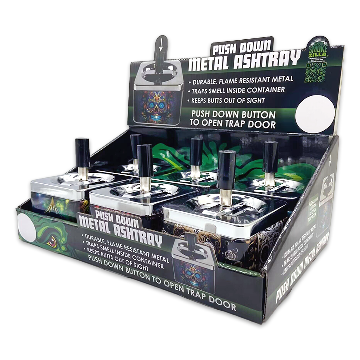 Smokezilla Push Down Metal Ashtray Assortment- 6/Display