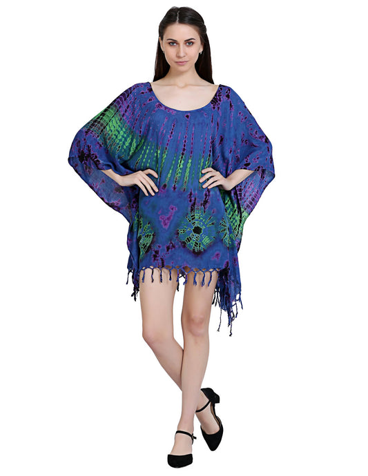 Tie-Dyed Thigh-Length Dress with Shaped Sleeves and Hemline in Hunter Green Turquoise Burnt Rust and Amethyst