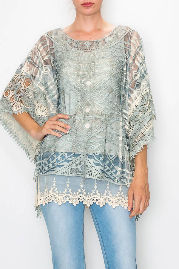 Ornate Crochet Poncho Top With Geometric Embroidered Details