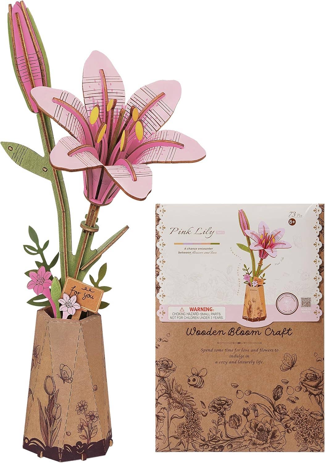 Pink Lily Rosewood DIY Wooden Flower Bouquet 3D