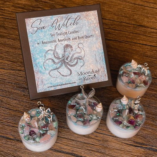 Sea Witch Tealight Crystal Candles, Ritual Candles