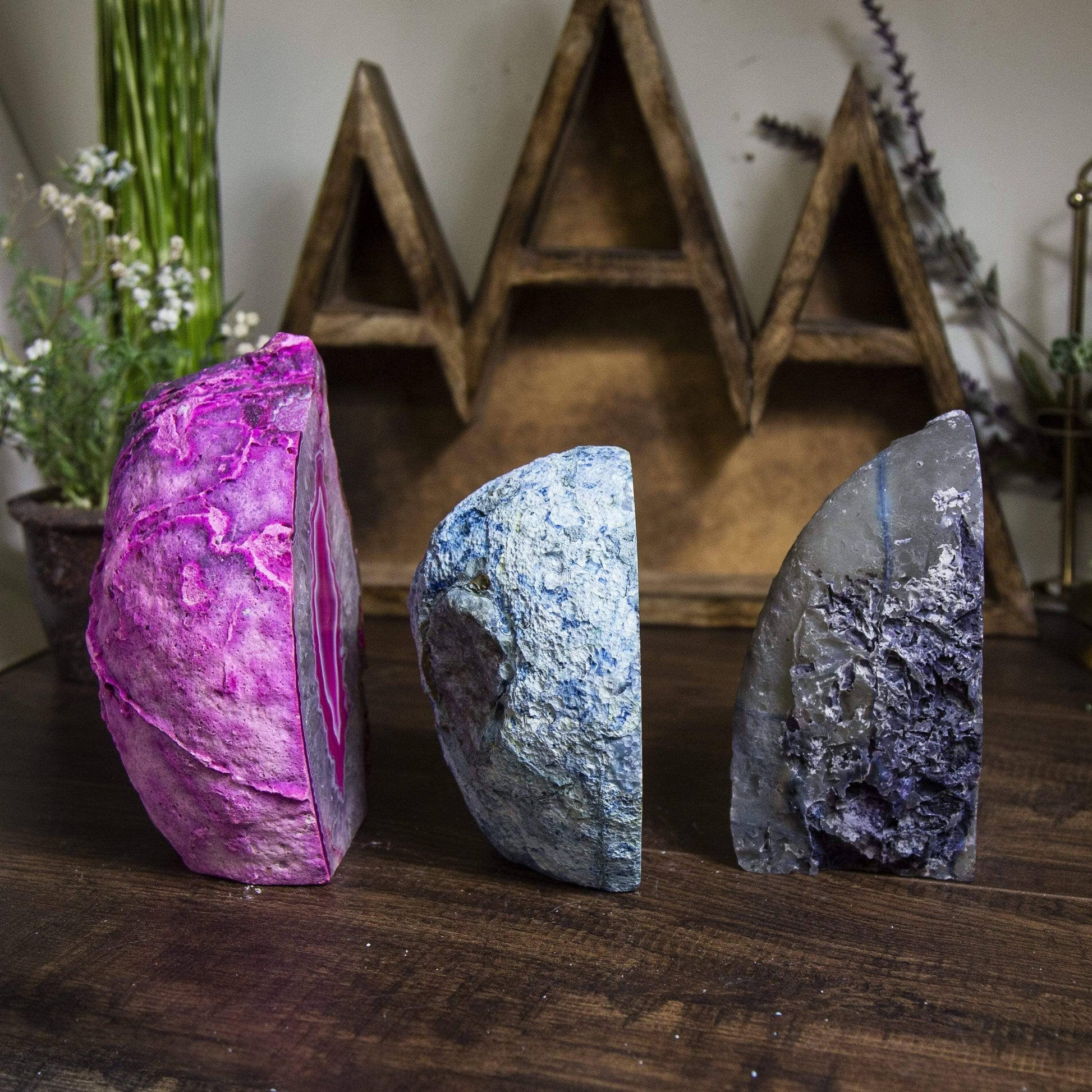 Beautiful Agate Geode Cut Base Crystal Lamp in pink, blue, and purple, perfect for adding elegance to your space.