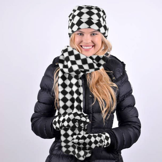 Women's Fleece Black & White Checkered Winter Set