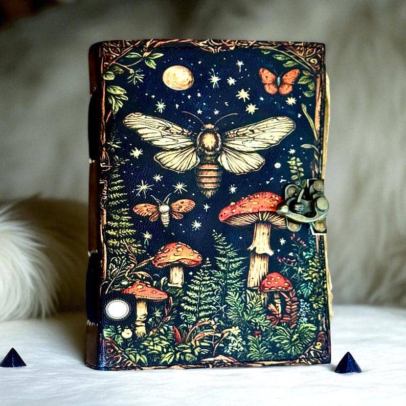 Handmade Leather Journal Blank Vintage Notebook With Mushroom Print Gift Idea