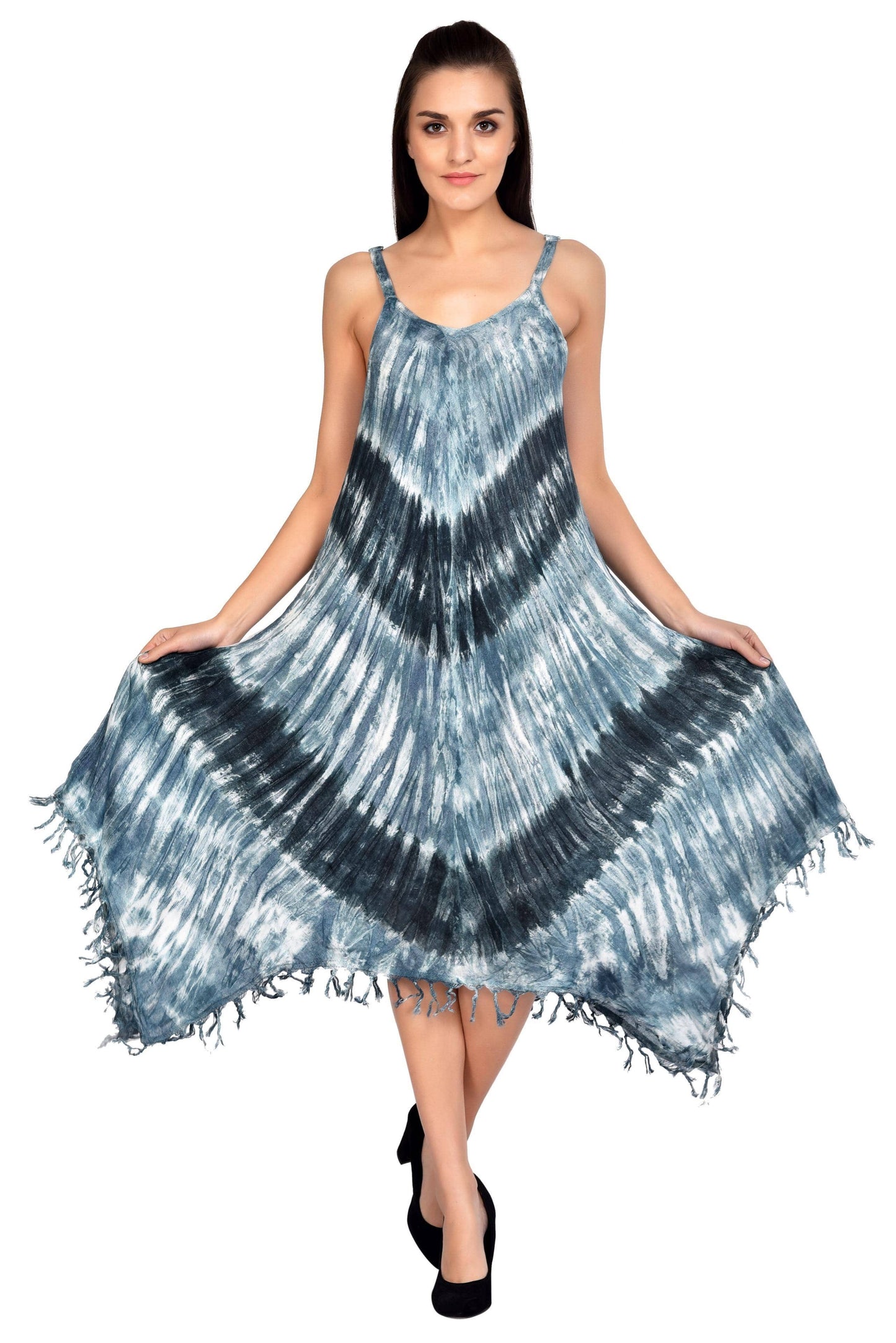 V Neck Fairytale Tie Dye Dress with Embroidered Neck and Fringes