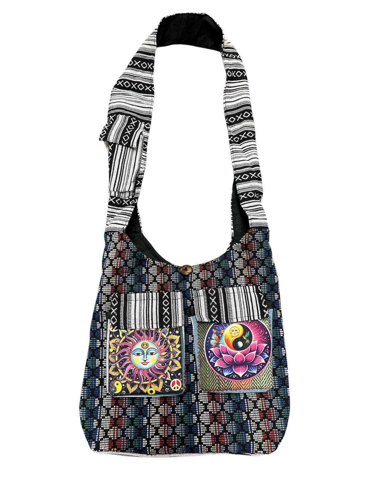 Purple Sun Lotus Bag Cotton Patchwork Tote With Two Pockets Multi Color Design RIB25827
