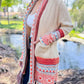 Beige Aztec Printed Open Front Knit Cardigan With Pockets Lightweight Acrylic Boho Style