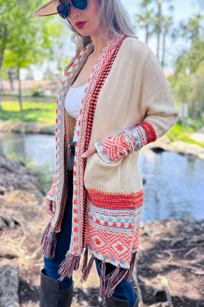 Beige Aztec Printed Open Front Knit Cardigan With Pockets Lightweight Acrylic Boho Style