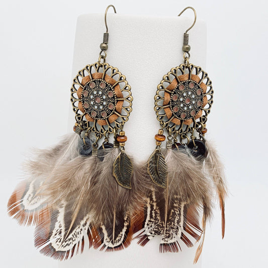Feather Pendant Round Hollow Woven Bohemian Earrings