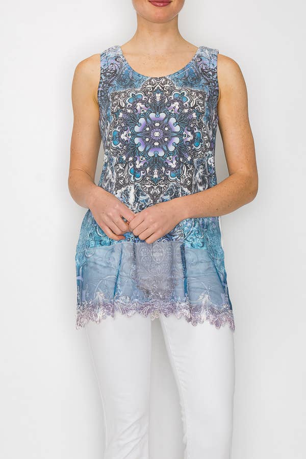 Soft Relaxed Tank With Delicate Floral Laced Hem NAVY