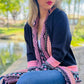 Navy Aztec Printed Knit Cardigan With Open Front Pockets Lightweight Acrylic Layering Piece
