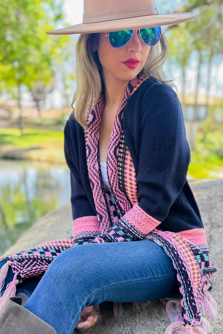 Navy Aztec Printed Knit Cardigan With Open Front Pockets Lightweight Acrylic Layering Piece