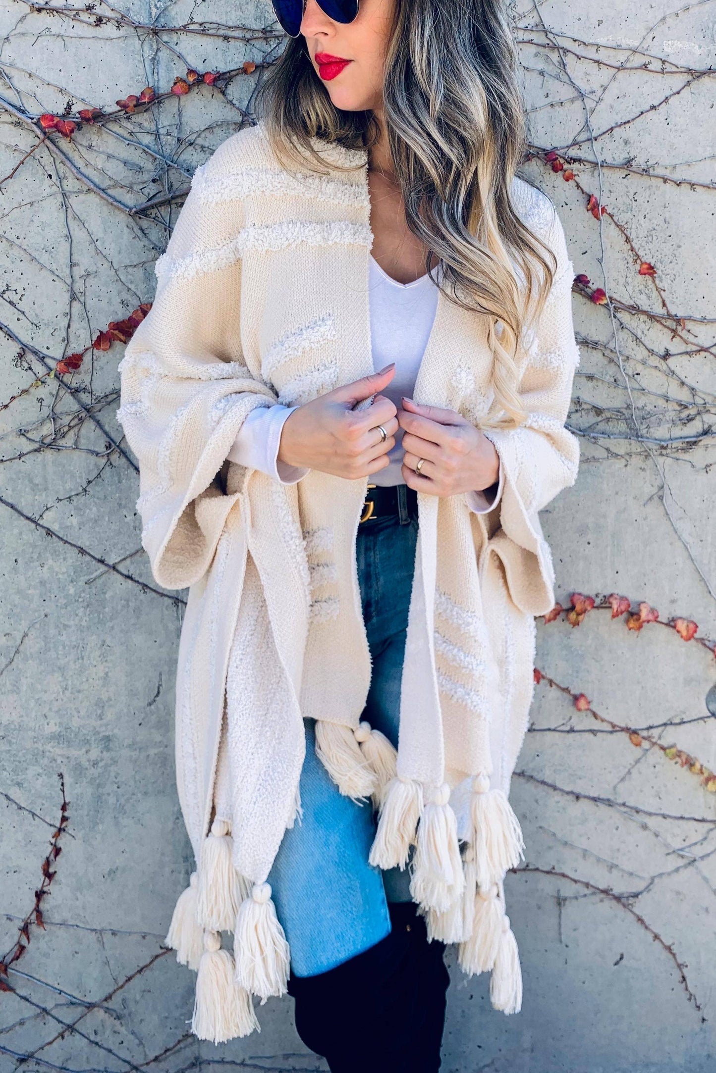 Cream Textured Knit Tassel Kimono Cardigan With Western Pattern And Chunky Tassels For Women Amoli