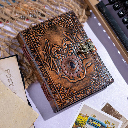 Leather Notebook With Stone Dragon Embossed Travel Journal