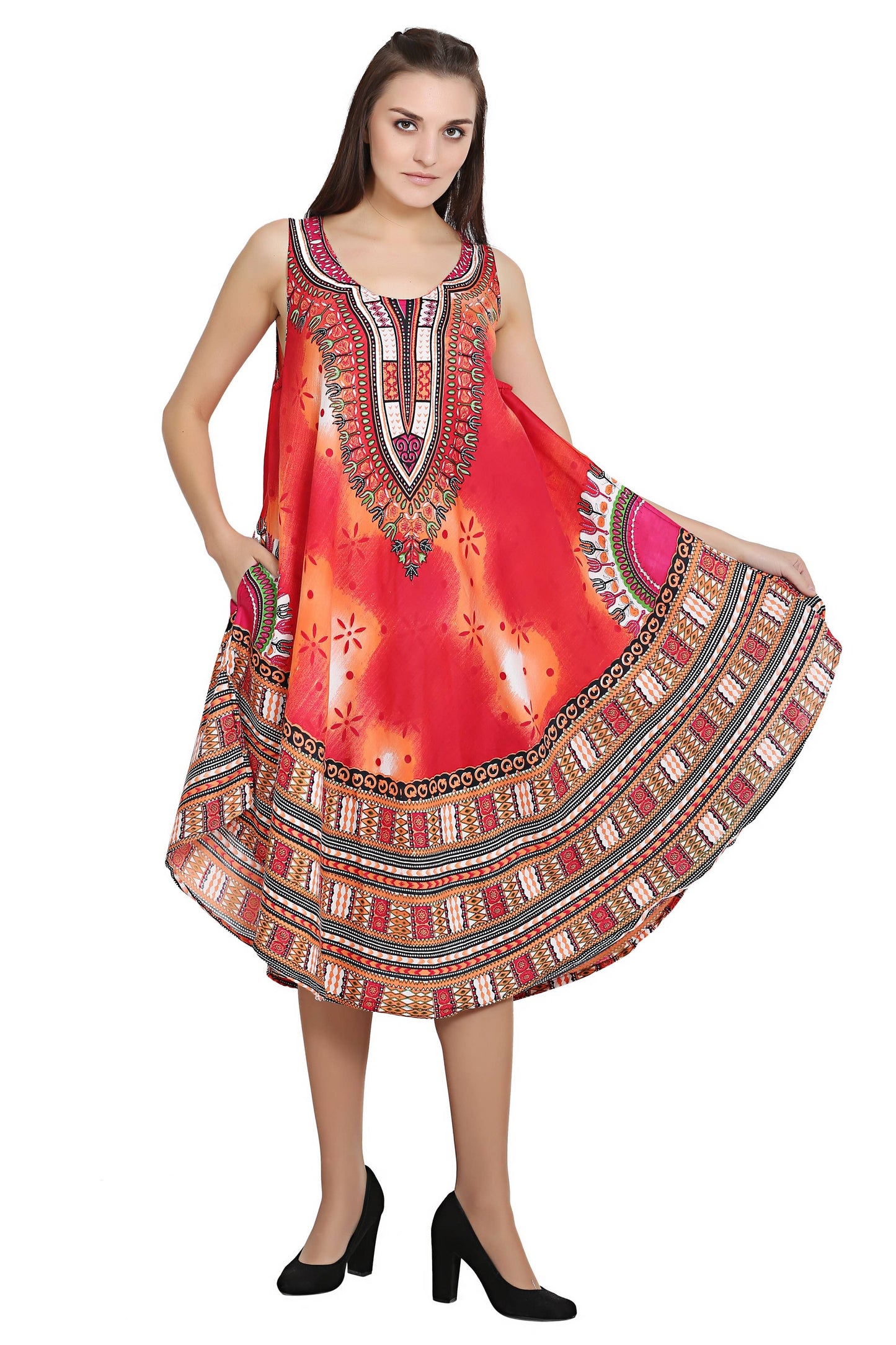 Digital Dashiki Print Sleeveless Umbrella Dress