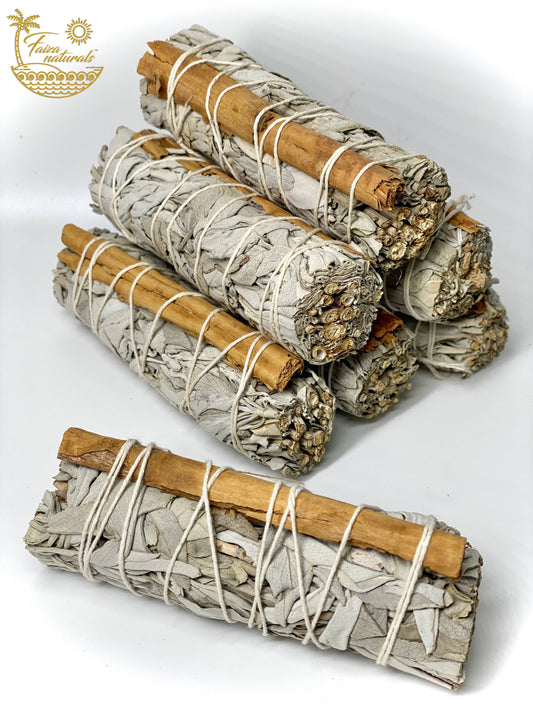 Cinnamon and White Sage Bundle Smudge Stick Four Inch Faiza Naturals