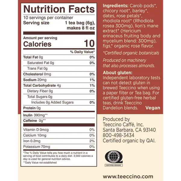 Lion's Mane Rhodiola Rose Mushroom Herbal Tea-85% Organic