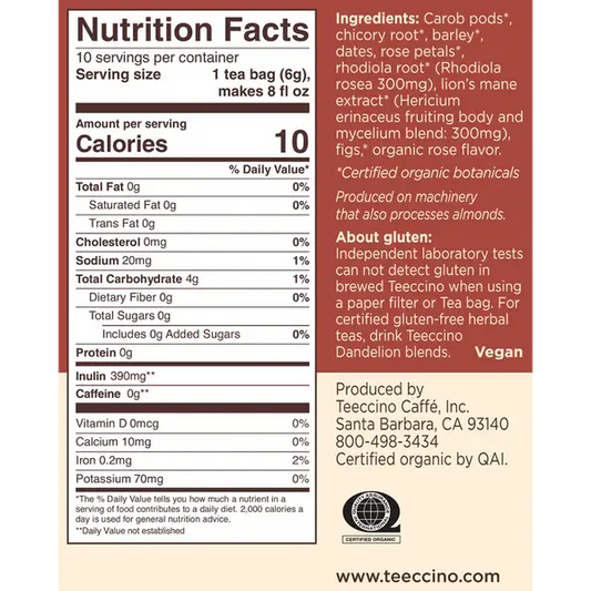 Lion's Mane Rhodiola Rose Mushroom Herbal Tea-85% Organic