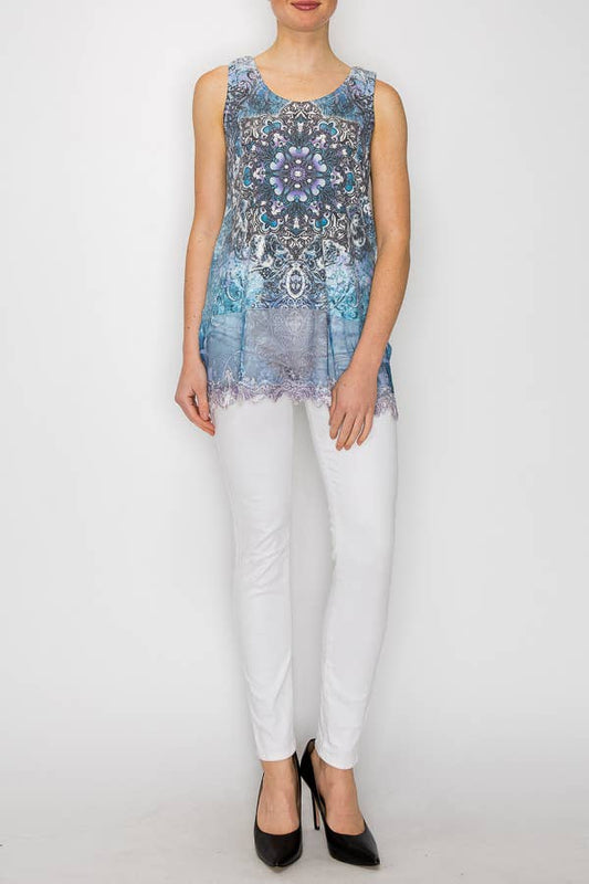 Soft Relaxed Tank With Delicate Floral Laced Hem NAVY