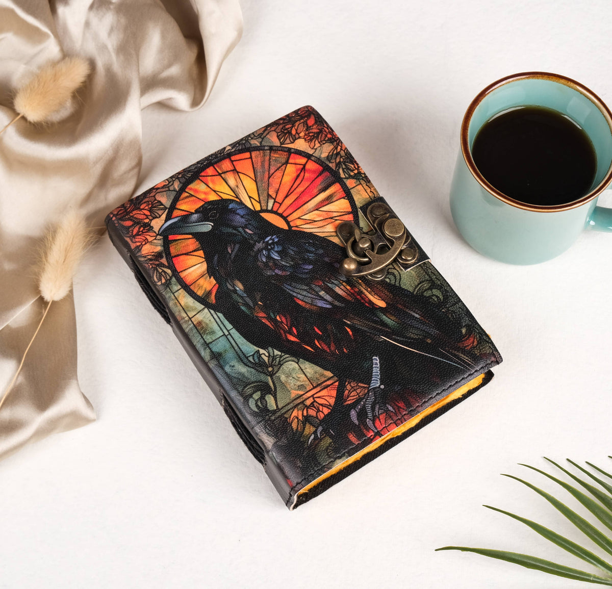 Leather Journal Blank Vintage Notebook With Crow UV Print Travel Gift Writers