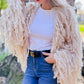 Amoli Cream Shaggy Fringe Handmade Knit Sweater Cardigan Open Front Boho Chic Cozy Layering For Fall And Winter