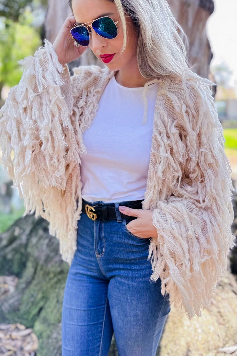 Amoli Cream Shaggy Fringe Handmade Knit Sweater Cardigan Open Front Boho Chic Cozy Layering For Fall And Winter